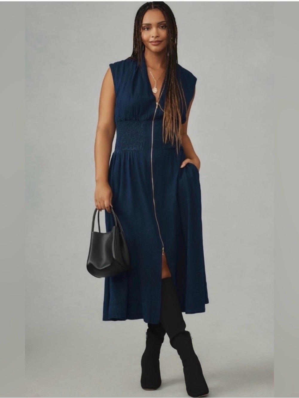 Anthropologie The Tommie Cap Sleeve Smocked Front Zip Midi Shirt Dress in Navy